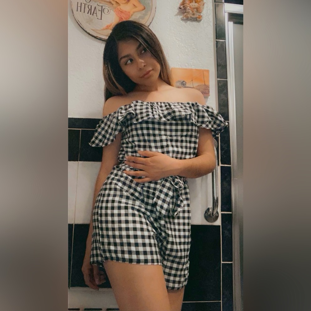 Product: Black and white plaid off the shoulder romper